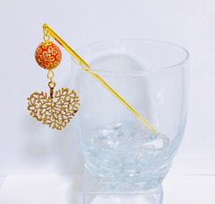 アンティーク風　ハートのかんざし　赤系