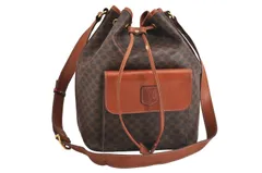 CELINE セリーヌ マカダム ブラゾン ショルダー巾着型バッグ ピーブイシー レザー ブラウン 5165M