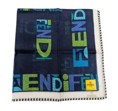 未使用 フェンディ  ハンカチ  ロゴ スカーフ ネイビー ホワイト ストライプ　コットン 綿　100％　 レディース　FENDI