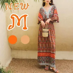 マキシワンピース レディース 春夏 アフリカン エスニック ロング丈 半袖 大人 おしゃれ 人気 安い 柄物 総柄 ゆったり ウエストゴム ギャザー 体型カバー 細見え ボヘミアン アジアンファッション インド リゾート 涼しい 洗える オレンジ M