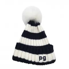 【超美品】パーリーゲイツ ニット帽 白×ネイビー ボンボン付 FR  ゴルフウェア PEARLY GATES