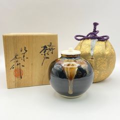 新古】文琳茶入 桶谷定一 共箱入 仕覆：花兎金襴 茶道具 茶器 京焼