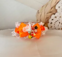 犬　猫首輪　蜜柑色リボン　飾りシフォン　ダイヤ　花モチーフ飾り　レース　女の子