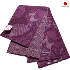 半幅帯（猫柄：パープル系）日本製 ロング 長尺 リバーシブル 細帯 浴衣 着物 小紋 レディース 女性 和装 和服