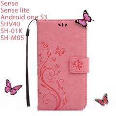 Sense ケース 手帳型 かわいい 蝶 ピンク  SHV40 SH01K SHM05 702SH Android one S3 桃色 カバー おしゃれ レザー 花柄 送料無料 安い スマホケース