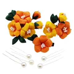 『大特価』 振袖 和装 着物 花 袴 卒業式 浴衣 結婚式 七五三 パール 成人式 手作り カメリア 赤 椿 紫 【5色展開】 ピンク つまみ細工 黄 髪飾り3点セット オレンジ [JZOON]