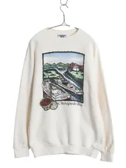 【お得なクーポン配布中!】 90s USA製 アート イラスト プリント スウェット メンズ レディース M / 古着 オールド トレーナー 裏起毛 グラフィック シンプル トップス