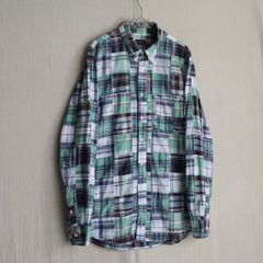 インド製 IZOD JEANSパッチワーク シャツ / L コットン グリーン マドラスチェック ボタンダウン USA ビンテージ T4-05074-9255