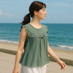 【大人かわいい夏映えトップス🍉】SHARE PARK＊フリル袖ノースリーブカットソー＊グリーン＊Sサイズ相当✨