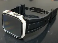 ホワイトシルバーライン＆強化型別注ブラックバックル　アップルウォッチ ラバーベルト Apple Watch ケース　カバー ultra ウルトラ　38mm 40mm 41mm 42mm 44mm 45mm 49mm Apple Watch バンド