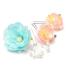 髪飾り 成人式 振袖 前撮り 袴 花 4点セット 水色 ピンクパールビーズ かんざし 髪型 ヘアスタイル ヘアアレンジ 和装 着物 No.9-3958