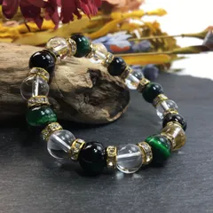 グリーンタイガーアイ×水晶×オニキス パワーストーン ブレスレット 10mm（ゴールド）メンズ・レディース　男性・女性　数珠ブレス　開運 [17] 