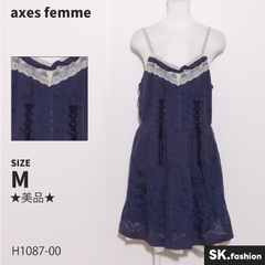 ★美品★ axes femme アクシーズ ファム ワンピース　膝丈　キャミソール　フリル　リボン　レース　裏地付き　綿混 　ネイビー　 【H1087-00】 送料無料　古着　レディース