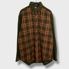 ☆トミーヒルフィガー☆チェック柄コーデュロイ切り替えシャツ☆長袖シャツ☆細畝☆カーキ☆ブラウン系☆M☆E25M