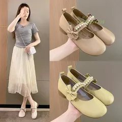 ストラップ パンプス ラウンドトゥ パールパンプス 歩きやすい チャンキーヒール 美脚 フラットパンプス痛くない 新スタイル ヒール3CM リボン付き 歩きやすい  vii3x154739