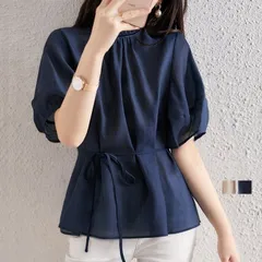 婦人服 5分袖 レディース ブラウス フリルネック ハイネック シアー ブラウス ぽわん袖 半袖 透け感 女性 無地 単色 シンプル おしゃれ#ecbea18230