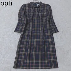 オプティ　チェックワンピース　スタンドカラー　フリル　ゆったり　Aライン　フレアスリーブ　肩パッド　ガーリー　フェミニン　カジュアル　配色　サイズ2  Mサイズ相当