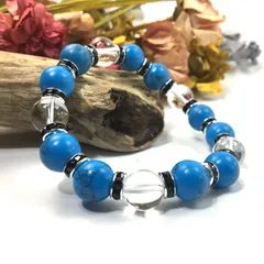 ターコイズ&水晶 パワーストーン ブレスレット 12mm （ブラック）メンズ・レディース　男性・女性　数珠ブレス　開運  [17]