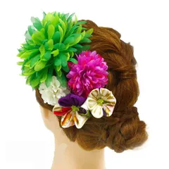 髪飾り 成人式 振袖 浴衣 卒業式 袴 結婚式 5点セット 緑 ピンク 白 花 和 洋 かんざし 手作り 簪 つまみ細工 ちりめんフォーマル 花飾り 玉飾り ブライダル W45 295-259 緑 ピンク 白 r730　Si
