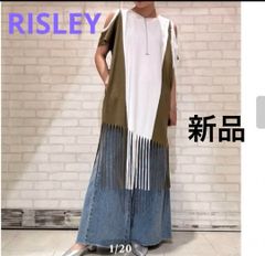 新品 未使用 リズレー RISLEY 前後着用可能 フリンジ Tシャツ ホワイト カーキ 夏 ロング丈 チュニック ワンピース ポケット ネイビー カーキ ゆったり 体型カバー 肩出し コットン 綿