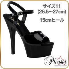 26.5 27 cm Pleaser プリーザー キャバ ヒール サンダル 厚底 レディース メンズ 15cm ヒール 黒 ブラック エナメル アンクルストラップ 女性 男性 用 ハイヒール ピンヒール 女装 ポールダンス