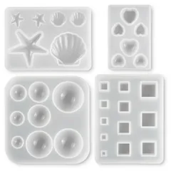 【在庫セール】半球 丸玉 キューブ 4個セット ハート 貝殻 スターフィッシュ ソフトモールド シリコン モールド アクセサリー レジン型 パーツ (丸・貝殻)