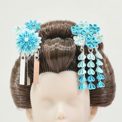 水色　人形用つまみ細工　1/6ドール 日本髪