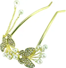 Miaomyao かんざし u字型 髪飾り 和装 浴衣 着物 パール 蝶 アンティーク ヘアコーム ヘアアクセサリー(ゴールド,  ワンサイズ)