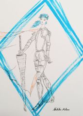 三原彰彦 サロン・ドトーヌ入選作家 [blue beauty] ドローイング原画 筆ペンアート 色鉛筆画 ペン画 線画 人物画 現代アート 小品 絵画 美術品 インテリア 雑貨 イラスト 青髪 手描きイラスト ダイヤ 鉛筆画 pop 神秘的 美女 騎士