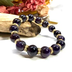 アメジスト パワーストーン ブレスレット 12mm 天然石ブレス （ゴールド）メンズ・レディース　男性・女性　数珠ブレス　開運  [1]