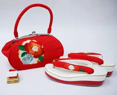草履バッグセット がま口バッグ 椿刺繍入り フリーサイズ　白色×赤色 和装小物 振袖 成人式 卒業式 NO41926-3