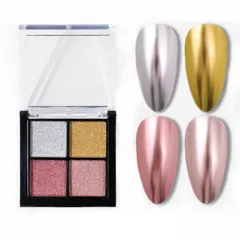 【在庫セール】ゴールド シルバー パウダー ピンク ミラーネイル ネイルアート 4色セット ジェルネイル ネイルパウダー レジン 固形 メタリックパウダー パレット チップ付き ミラーパウダー (A)