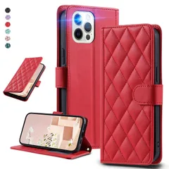 UnivoColors iPhone 12/12 Pro キルティングレザー調 手帳型ケース エレガント 高質PU マグネット開閉式 カード収納機能 スタンド機能 液晶全面保護 レンズ保護 ストラップ付属(レッド)