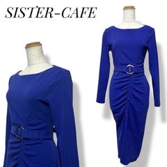 SISTER-CAFE ✨ドレス キャバドレス ナイトドレス 長袖ドレス ワンピース タイトドレス ギャザー ブルー 青 S 膝丈 ワンピース スッキリスタイル ストレッチあり