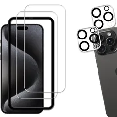 【2+2枚セット】ガイド枠付き KPNS 日本素材製 強化ガラス iPhone 15 Pro Max 用 ガラスフィルム カメラフィルム カバー 保護フィルム 0