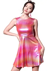 【在庫処分】ミニドレス メタリック ハイウエスト K] ワンピース ノースリーブ 丸首 [Allegra ステージ レディース