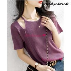 Tシャツ レディース 春夏 40代 半袖 ニットトップス 無地Tシャツ レション ショット丈ニットソー 薄手 ゆったりカットソー おしゃれ 大人 5