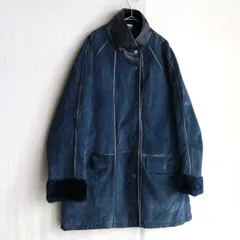 Euro vintage レザー ハーフ コート / ユニセックス ポリ アクリル ネイビー ジャケット ボア レディース ユーロ ビンテージ O5-01021-9484