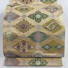 袋帯 名品 菱 花鳥 唐織 金糸 ベージュ 六通 正絹 【中古】