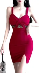 ISLAYCAOLILA シースルー ワンピース キャミソール タイト ミニ クラブ ドレス オフショルダー ノースリーブ ウエストマーク レディース E56( レッド,  M)