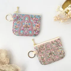 『虹色インド刺繍のご褒美ミニポーチ  グレイッシュブルー・スモーキーピンク』　リップ・印鑑・小物整理に便利な持ち運べるポーチ　ピルケース