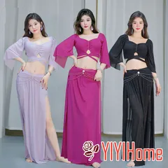 ベリーダンス ダンス衣装 セット ハロウィン コスプレ 仮装 パーティー 余興用 レッスン着 トップス スカート(インナーパンツ付き)2点セット　 社交ダンス　発表会　ラテンダンス　演出　団体　揃え ブラック ローズピンク パープル