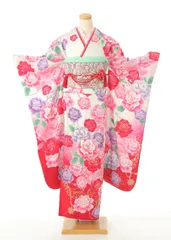 白　Mサイズ　振袖セット７点　薔薇正絹　　成人式　白赤　クール　お洒落