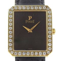 【PIAGET】ピアジェ ダイヤベゼル cal.9P2 90155 K18イエローゴールド×クロコダイル 手巻き メンズ 黒文字盤 腕時計