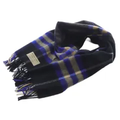 バーバリー BURBERRY カシミヤ チェックマフラー フリンジ 黒 ブラック 青