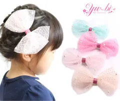 キッズヘアクリップ/パールちりばめ　レースリボン　ki87　ピンク/ベビーピンク/サーモンピンク/ミントグリーン　ヘアアクセ 髪飾り キッズ 七五三 入学式 卒園式 入園式　女の子【リボン】【パール】