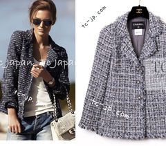 シャネル ジャケット CHANEL グレー パール CC ココボタン 定番人気 春夏 サマー ルサージュ ツイード カール・ラガーフェルド 貴重  超美品 34