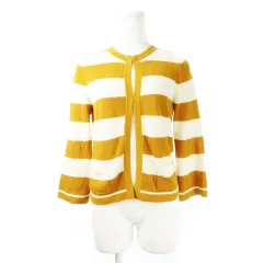 ヒューマンウーマン HUMAN WOMAN カーディガン ニット クルーネック 七分袖 コットン 薄手 ポケット ボーダー M オレンジブラウン /CK11