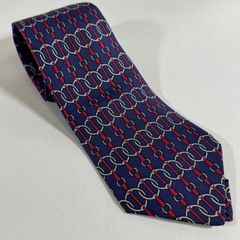 HERMES エルメス 紳士ネクタイ ネイビー×レッド 総柄 シルク100%