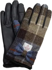 Sleeping Sheep(スリーピング シープ) ハリスツイード Harris Tweed レディース レザー コンビ スマホ対応 革 手袋 裏ボア ケース付 FREE S-M(リボンタイプ（ブラウンチェック）,  FREE (S-M))